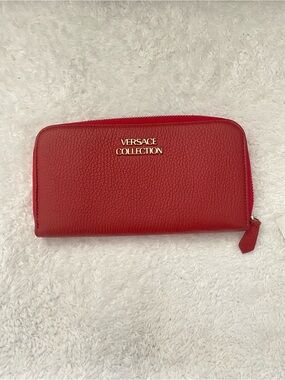 Versace Collection Red Zip-Around Pebbled Leather Wallet